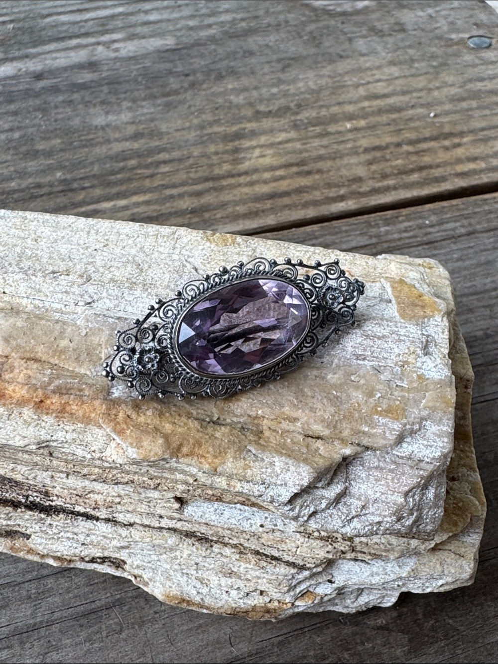 Antique Sterling Silver Brooch with Amethyst Crystal - Picture 2 of 3